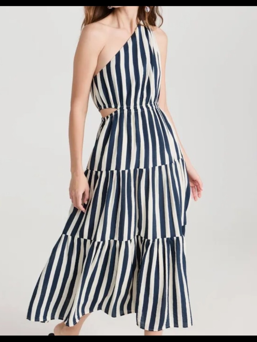 Chic MOON RIVER Striped One-Shoulder Maxi Dress in Navy and White.